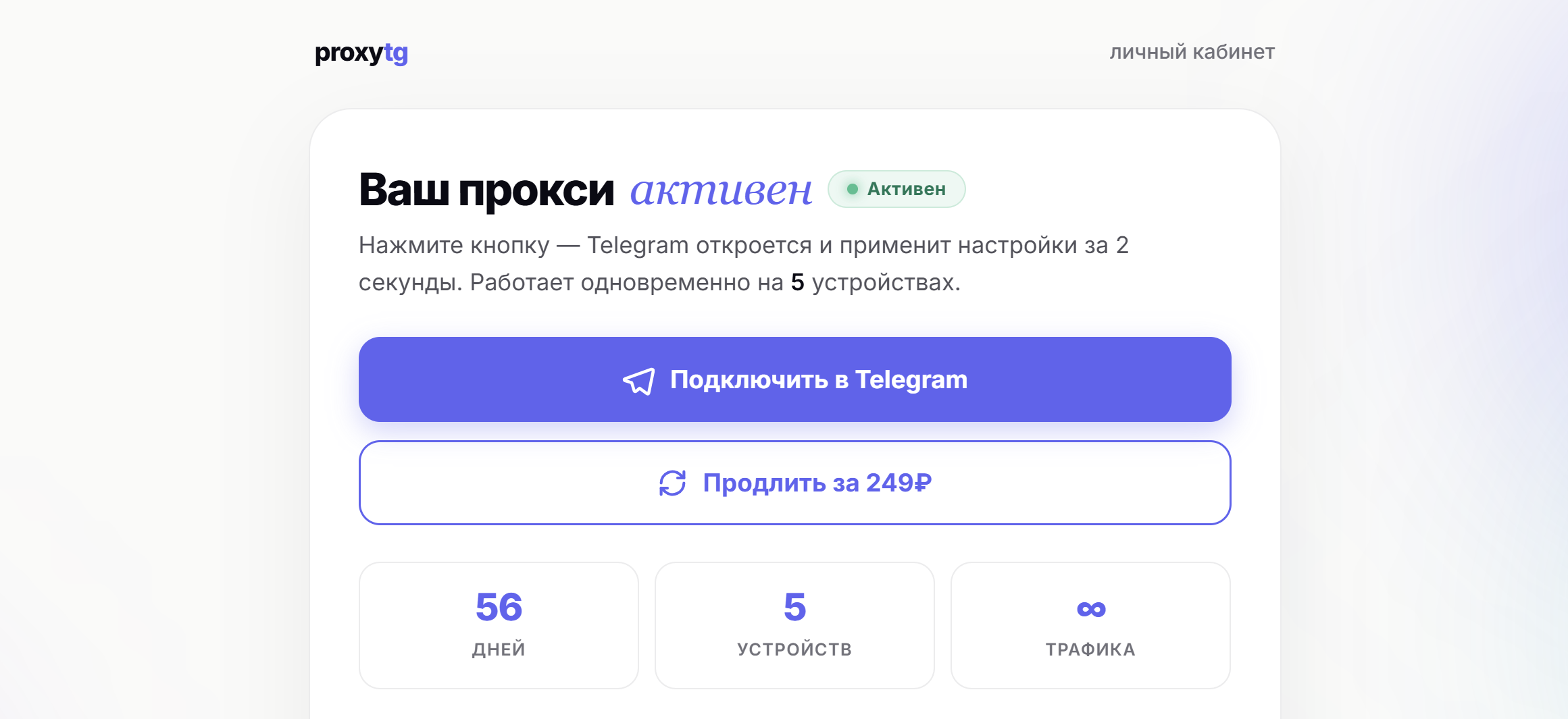 Личный кабинет — кнопка Подключить в Telegram